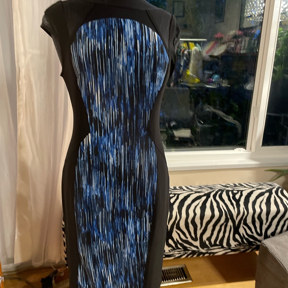 Joseph Ribkoff Blue and Black Sheath Dress Cap Sleeve Crew Neck